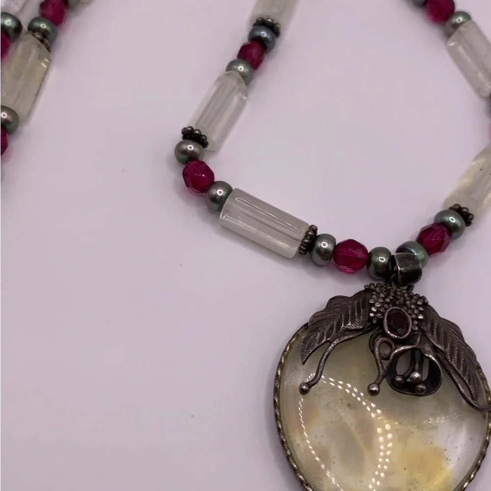 Moonstone and Garnet Sterling Unique Vintage Artisan Made Pendant